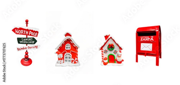 Obraz A horizontal set of four Christmas elements, including a North Pole signpost, two gingerbread houses, and a Santa mailbox. Perfectly isolated on white for holiday design concepts