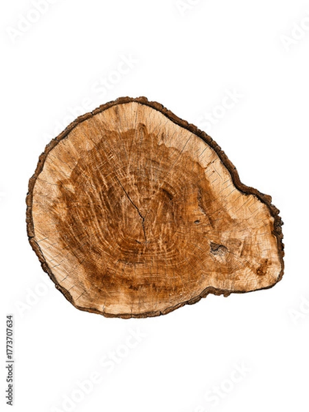Obraz A natural wooden cross-section or log slice with visible tree rings and bark edges. Features a rich brown, slightly uneven surface, isolated on a white background for rustic designs