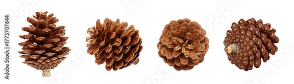 Obraz A horizontal set of four pine cones of varying shapes and textures, all isolated on a white background. A versatile natural element collection for Autumn, Winter, or Christmas designs