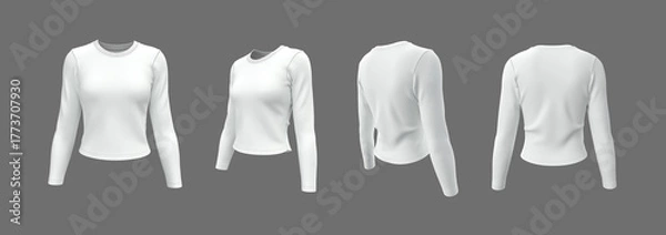Fototapeta Realistic 3D mockup of women’s slim fit long sleeve crewneck t-shirt. Front, side, and back view clothing design template. 3d illustration, 3d rendering