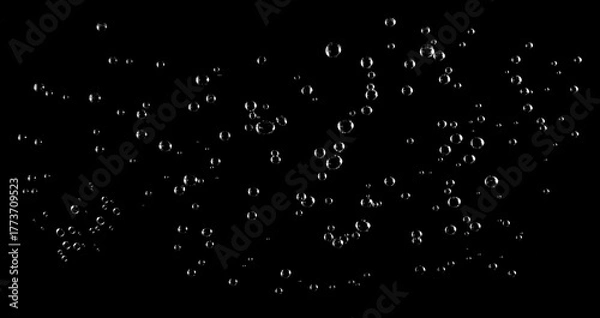 Obraz Transparent air bubbles rising in dark water with black background, abstract texture of freshness, purity, and minimal design concept for nature, beverage, and wellness themes.
