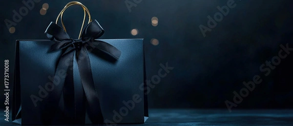Fototapeta Dark elegant composition with a black wrapped gift and glowing fairy lights.Black Friday, Stylish Christmas mood for winter advertising, festive projects, and luxury seasonal design.