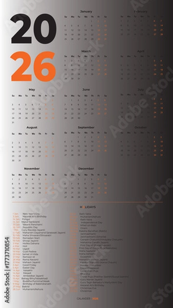 Fototapeta 2026 MINIMAL calendar HIGH RESOLUTION  INDIAN