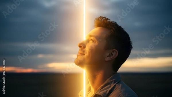 Fototapeta Man gazing upward at a bright vertical beam of light against a sunset-hued sky