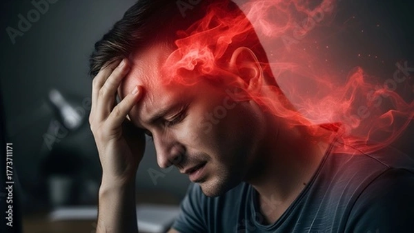 Fototapeta A stressed man with headache, visualized by digital artistic red energy effects