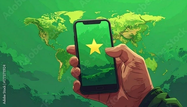 Fototapeta Hand holding a phone displaying a star-shaped icon against a nature scene, with a blurred world map in the background