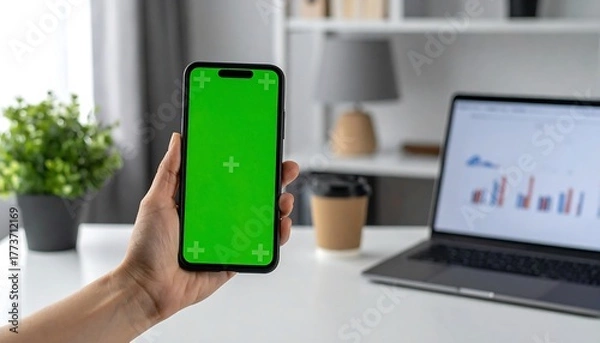 Fototapeta Hand holding a phone with a green screen, near a laptop displaying charts and a coffee cup on a white desk