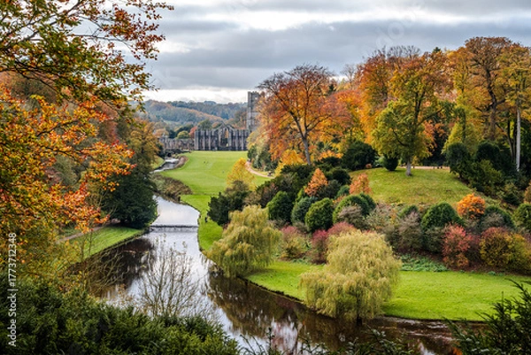 Fototapeta Autumn landscape from a viewpoint at Fountains Abbey, with trees glowing in warm fall colors under soft light and the abbey partially visible within the scenic vista - 2
