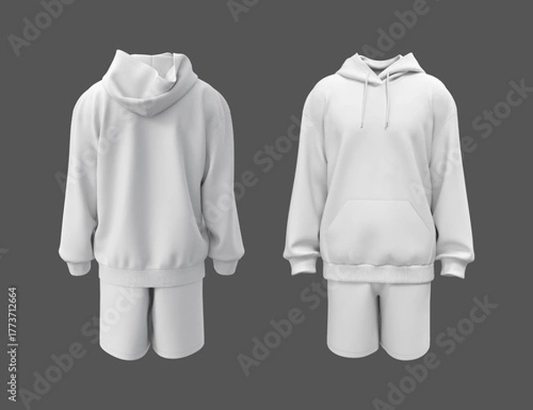 Fototapeta Oversized men’s hoodie and shorts set mockup. Long sleeve streetwear outfit, front and back view. 3d illustration, 3d rendering
