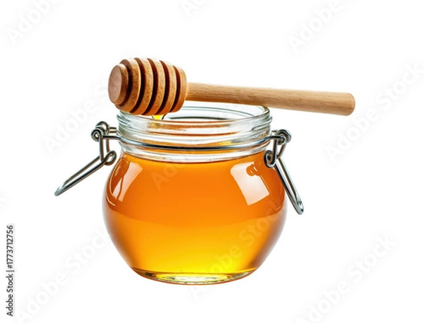 Fototapeta Glass jar of golden honey with wooden dipper isolated on black background isolated on white background isolated on transparent background