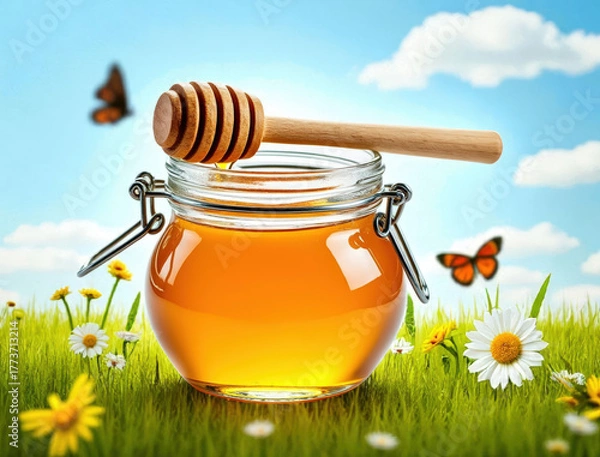Fototapeta Glass jar of golden honey with a wooden dipper in a sunny meadow with butterflies isolated on white background isolated on transparent background