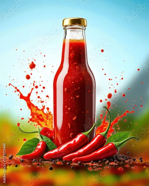 Fototapeta Red chili sauce bottle with peppers and splashes isolated on white background isolated on transparent background