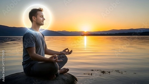 Fototapeta A man meditates with a halo over his head in lotus pose by a lake at sunset