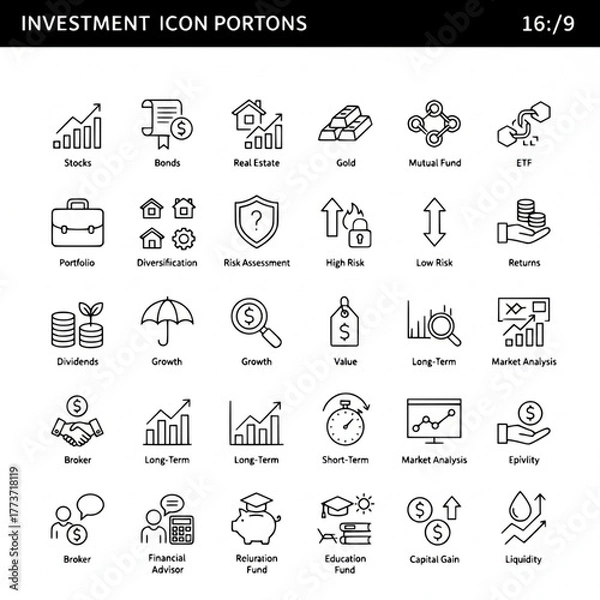 Fototapeta Investment and portfolio management icon set. Finance and business related line icons: stocks, fund, analytics, growth, and capital.