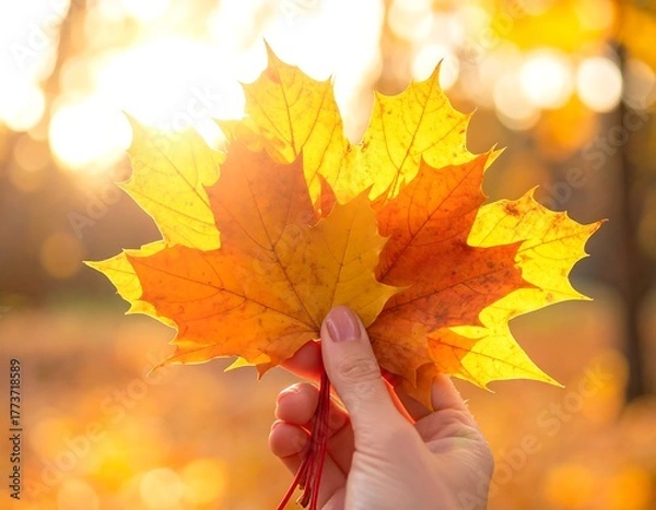 Fototapeta Hand holds vibrant orange maple leaves, backlit by a warm, blurry sunset, creating a beautiful autumn scene