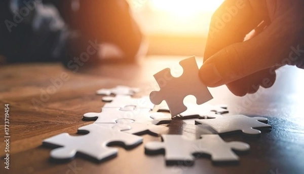 Fototapeta Hand hovering puzzle piece, with scattered white jigsaw pieces on a wooden surface, bright sunlight shining