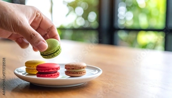 Fototapeta Hand placing a green macaron on a small white plate with yellow, red, and brown macarons on a wooden table