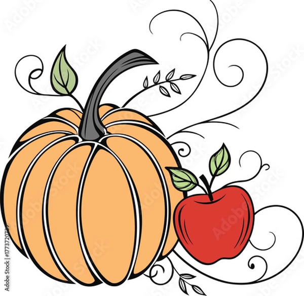 Fototapeta Hand drawn style autumn harvest pumpkin and red apple with falling leaves isolated on transparent background