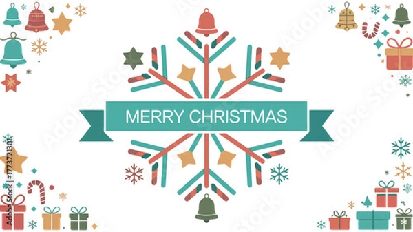 Obraz Festive christmas snowflake design with colorful ornaments gifts bells and candy canes on a white background celebrating the holiday season