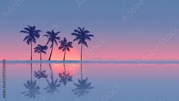 Obraz Palm trees silhouette at sunset over water