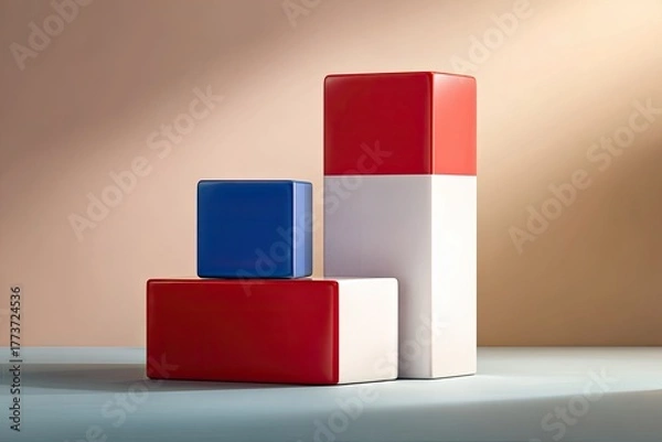Obraz Three geometric blocks in varying sizes and colors against a soft, muted background