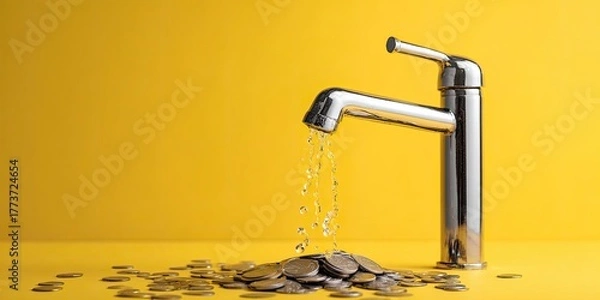 Obraz A chrome faucet leaks money onto a yellow surface