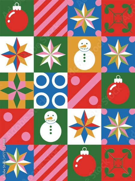 Obraz Vector grid design showcasing christmas geometric abstract pattern, with holiday ornaments and circles.