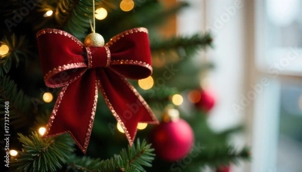 Fototapeta Luxurious Christmas tree bow detail, close up, festive red velvet ribbon with gold trim, shallow depth of field, bokeh lights background. Close up, high angle shot of a luxurious red velvet Christmas