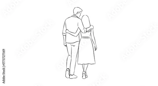 Fototapeta Vector of a romantic couple walking side by side, simple outline style, isolated on white