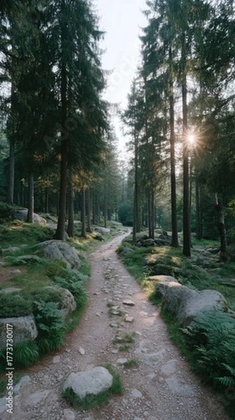 Fototapeta A Serene Forest Path Bathed in Golden Sunlight with Tall Green Trees and Rocky Outcrops on a Clear Day