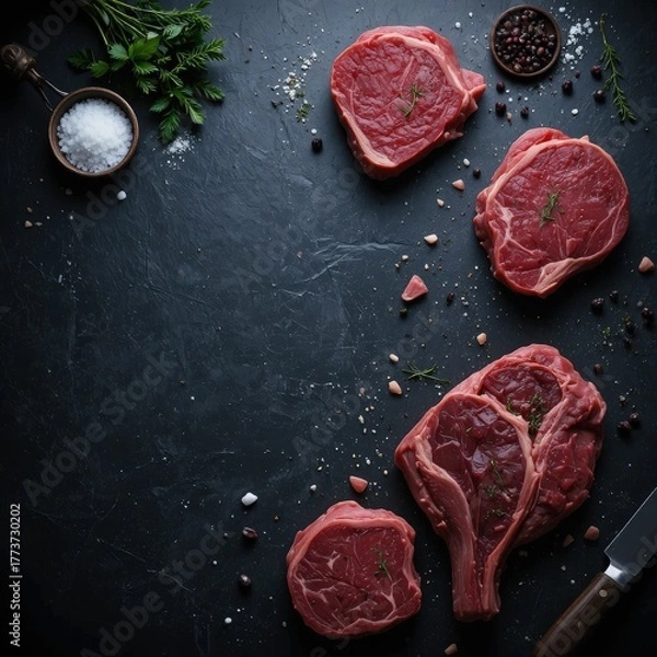 Fototapeta Fresh Raw Beef Steaks and Lamb Chops with Herbs and Spices on Dark Surface