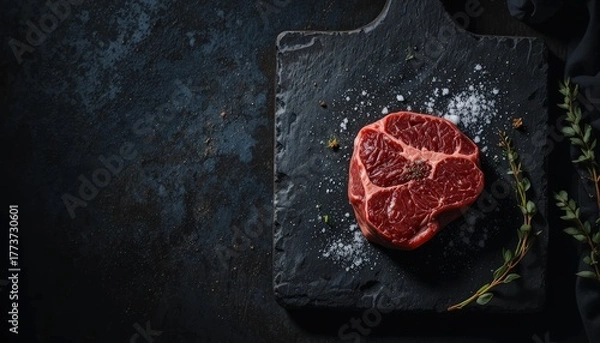 Obraz Fresh Raw Red Meat Cut on Black Slate with Salt and Herbs on Dark Surface