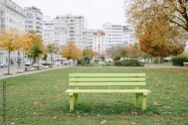 Fototapeta A Bright Green Park Bench Sits Empty in a Grassy Area with Scattered Autumn Leaves and Trees in the Background Buildings and Street Visible on the Left Under an Overcast Sky