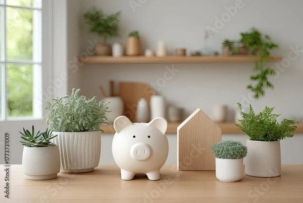 Fototapeta A Cream Piggy Bank Sits on a Wooden Table Surrounded by Potted Green Plants and a Small Wooden House Model on a Shelf in the Background