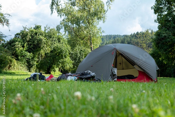 Fototapeta Green tent with backpack on green grass as sustainable ultra light hiking tourism symbol