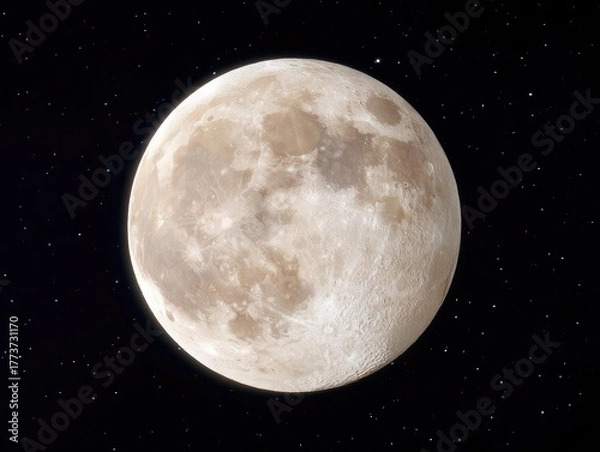 Fototapeta A Full Moon Glows Brightly Against A Deep Starry Night Sky With Distant Stars Visible Over A Dark Landscape.