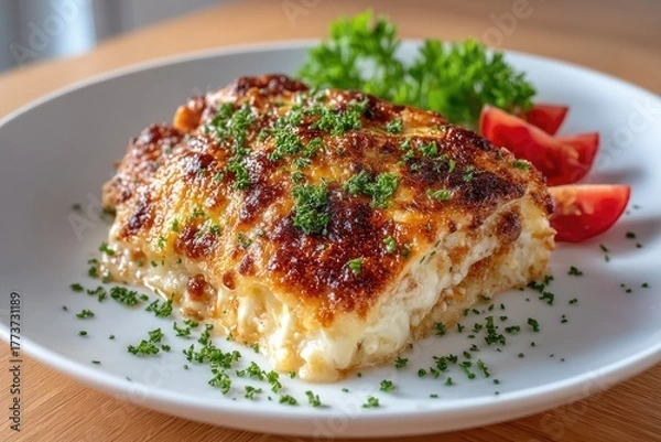 Fototapeta A Delicious Macro Close-Up of Golden Brown Cheesy Lasagna on a White Plate Garnished with Fresh Parsley and Cherry Tomato Slices on a Wooden Table