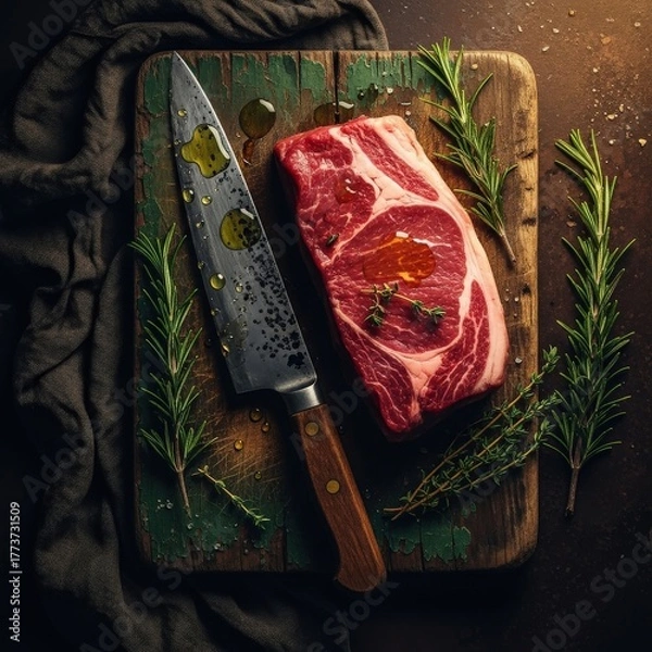 Fototapeta Raw Steak on Rustic Wooden Cutting Board with Fresh Herbs and Knife
