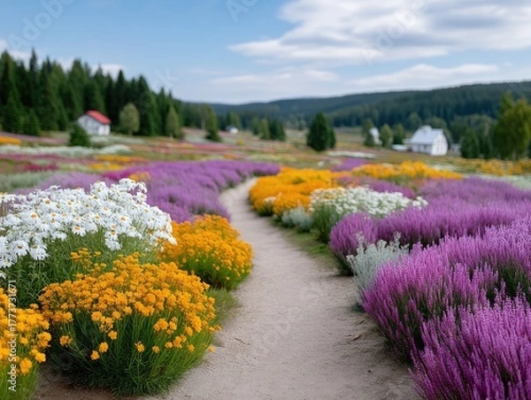 Fototapeta A Gravel Path Winds Through A Vibrant Colorful Flower Garden With Rows Of Purple Orange And White Flowers Under A Bright Blue Sky With Fluffy Clouds And Green Trees In The Distance