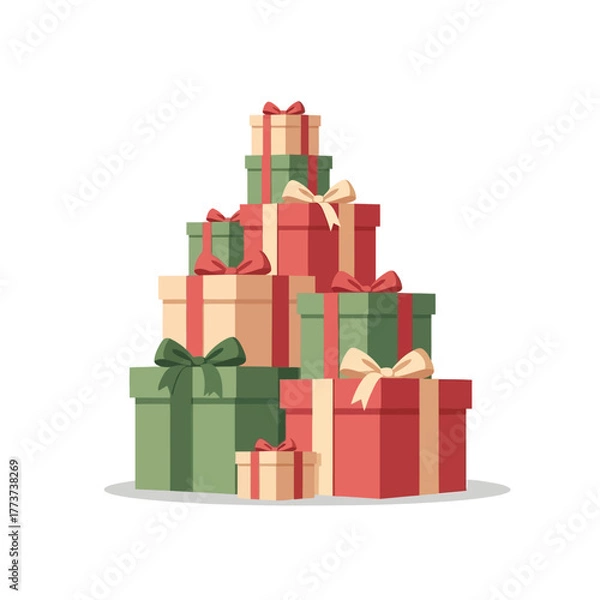 Fototapeta Colorful pile of wrapped presents with ribbons and bows stacked for a holiday celebration like Christmas or a birthday, isolated on a white background