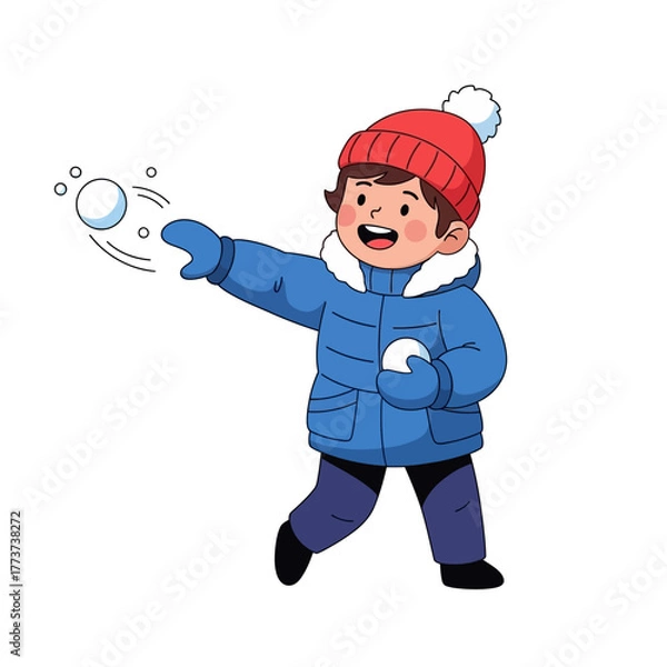 Fototapeta Cute cartoon boy in a cozy winter coat and red beanie having a blast playing outside in the snow, engaged in a fun snowball battle