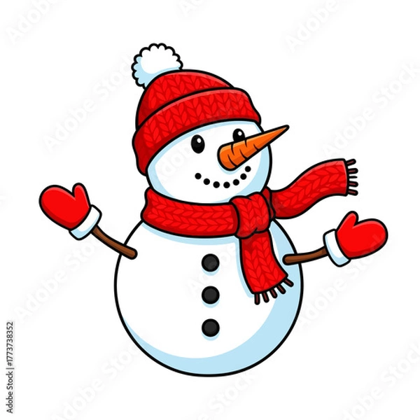 Fototapeta Friendly cartoon snowman wearing a red knitted hat and scarf, holding out its arms in a welcoming gesture, with rosy cheeks, during winter season