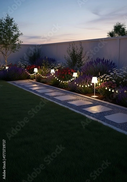 Fototapeta Tranquil illuminated garden pathway with vibrant flowers in twilight hours