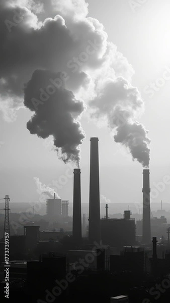 Fototapeta Industrial landscape with smokestacks emitting thick smoke, creating dramatic silhouette against hazy sky. scene evokes sense of pollution