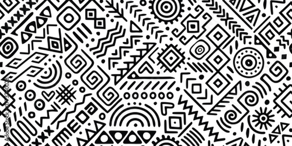 Fototapeta Seamless ethnic pattern, hand-drawn ethnic geometric elements, tribal pattern, African or Indian, vector design