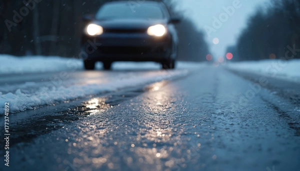 Fototapeta Car headlights illuminate a wet icy road during a winter snowfall. Driving is hazardous with slippery conditions after freezing rain. Traveling safely is key.