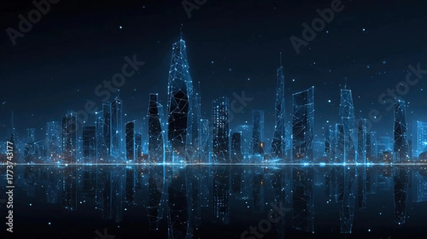 Fototapeta Futuristic city landscape background blue. Low poly wireframe night buildings with glowing effect.