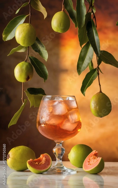 Fototapeta Still life of fresh, ripe fruits and olive oil with a glass of orange juice for a healthy food and drink concept