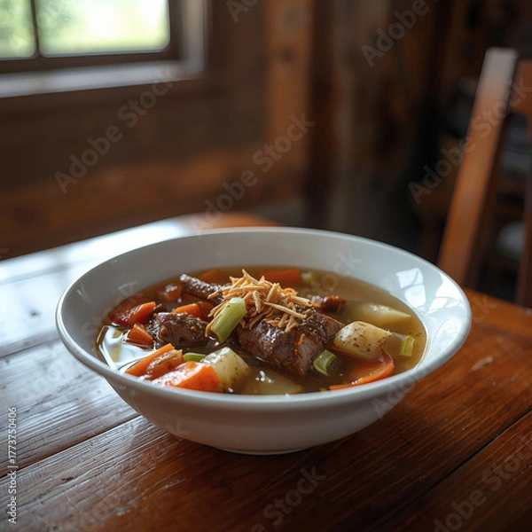 Fototapeta Delicious and healthy bowls of beef noodle soup or beef stew with vegetables and rice make a comforting dinner or lunch.