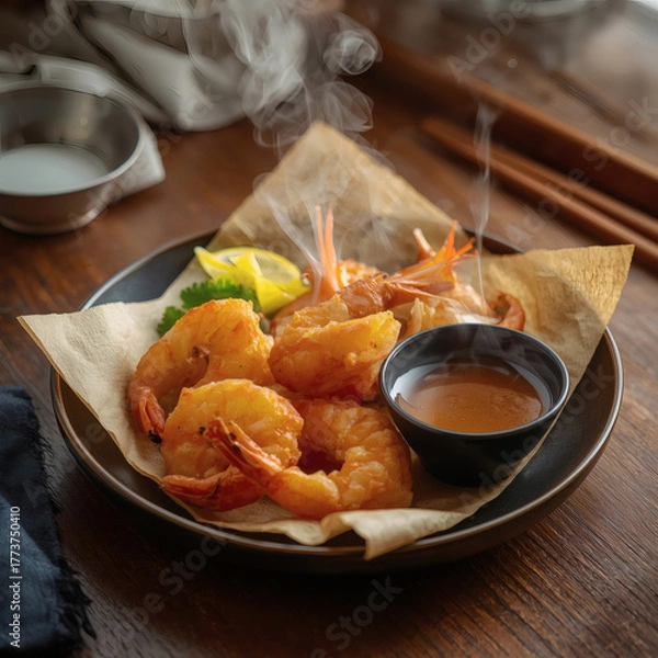 Fototapeta Breaded shrimp with sauce